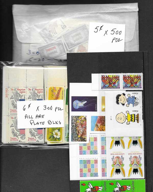 05 cents x 500 pieces 06 cents X 300 pieces 78 cents Forever X 110 pieces include singles, pairs, blocks or coils. All MNH for postage use. Total Face Value is $128.80 You pay only $83.75